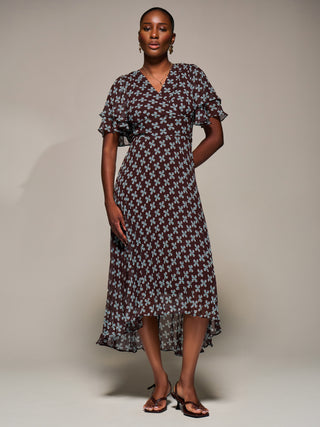 Angel Sleeve Pleated Chiffon Midaxi Dress, Brown Geo