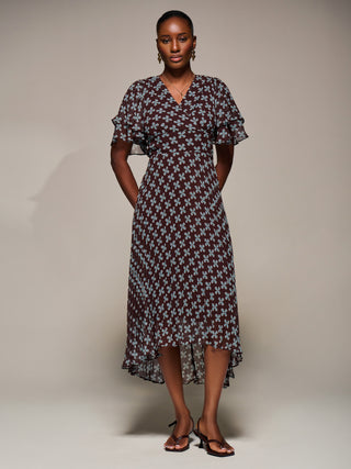 Angel Sleeve Pleated Chiffon Midaxi Dress, Brown Geo