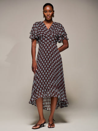 Angel Sleeve Pleated Chiffon Midaxi Dress, Brown Geo