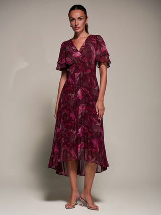 Angel Sleeve Pleated Chiffon Midaxi Dress, Burgundy Abstract