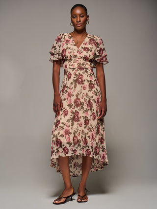 Angel Sleeve Pleated Chiffon Midaxi Dress, Cream Floral