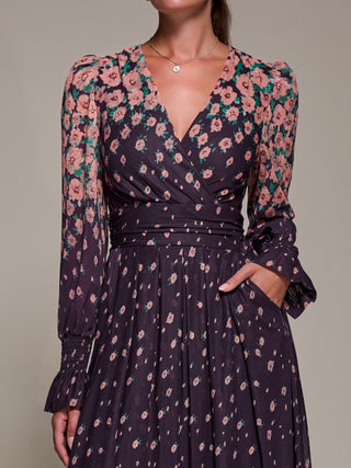 Mirrored Print Long Sleeve Mesh Maxi Dress, Purple Floral