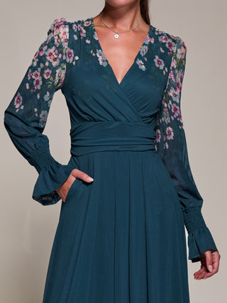Mirrored Print Long Sleeve Mesh Maxi Dress, Teal Floral