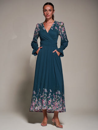 Mirrored Print Long Sleeve Mesh Maxi Dress, Teal Floral
