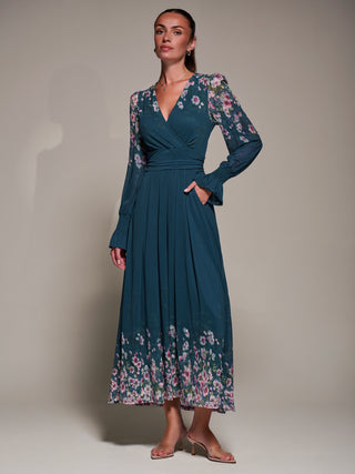 Mirrored Print Long Sleeve Mesh Maxi Dress, Teal Floral