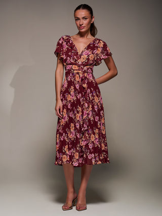 Printed Ruffle Detail Pleated Chiffon Midi Dress, Burgundy Floral