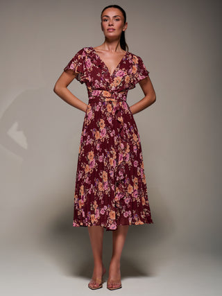 Printed Ruffle Detail Pleated Chiffon Midi Dress, Burgundy Floral