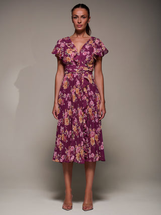 Printed Ruffle Detail Pleated Chiffon Midi Dress, Fuchsia Floral