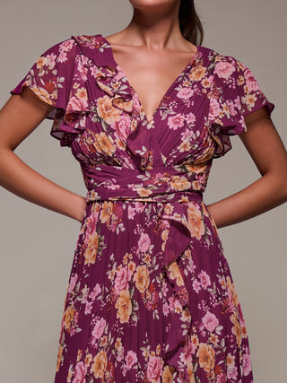 Printed Ruffle Detail Pleated Chiffon Midi Dress, Fuchsia Floral