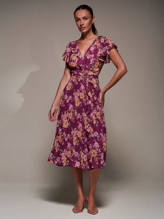 Printed Ruffle Detail Pleated Chiffon Midi Dress, Fuchsia Floral