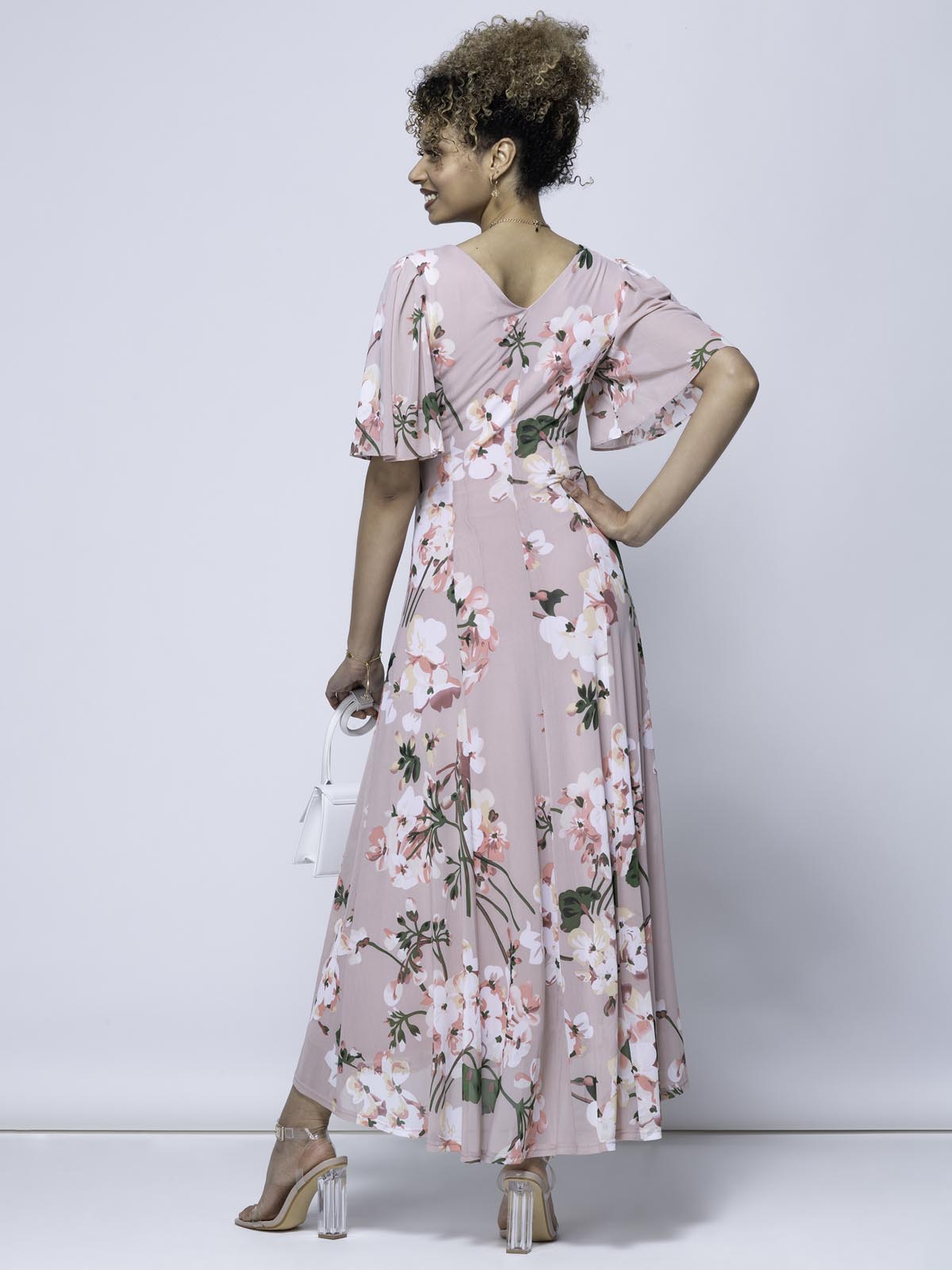 Mabilla Floral Print Mesh Maxi Dress, Dusty Pink