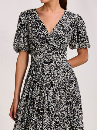 Puff Sleeve Printed Lace Maxi Dress, Black Animal