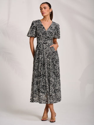 Puff Sleeve Printed Lace Maxi Dress, Black Animal