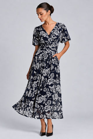 Puff Sleeve Printed Lace Maxi Dress, Navy Floral