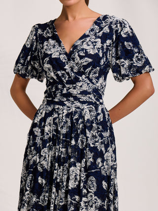 Puff Sleeve Printed Lace Maxi Dress, Navy Floral