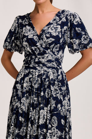 Puff Sleeve Printed Lace Maxi Dress, Navy Floral