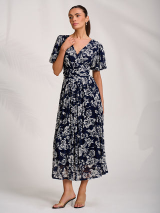 Puff Sleeve Printed Lace Maxi Dress, Navy Floral
