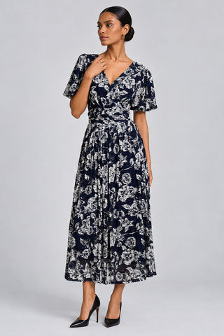 Puff Sleeve Printed Lace Maxi Dress, Navy Floral