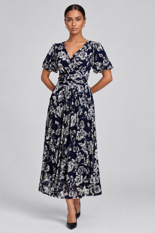 Puff Sleeve Printed Lace Maxi Dress, Navy Floral