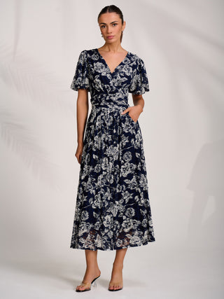 Puff Sleeve Printed Lace Maxi Dress, Navy Floral