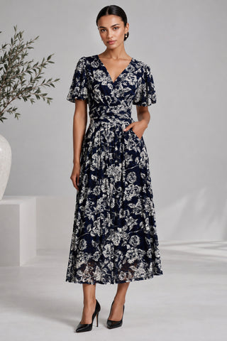 Puff Sleeve Printed Lace Maxi Dress, Navy Floral