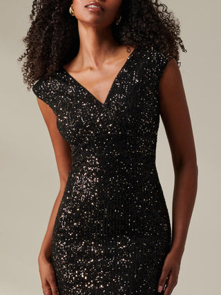 Wrap Bodice Sequin Midi Dress, Black Rose Gold