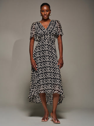 Chiffon Floaty Sleeved Midaxi Dress, Black Spot