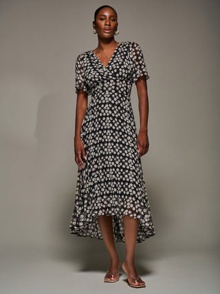Chiffon Floaty Sleeved Midaxi Dress, Black Spot