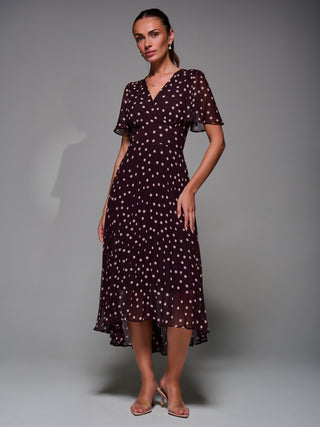 Chiffon Floaty Sleeved Midaxi Dress, Burgundy Spot