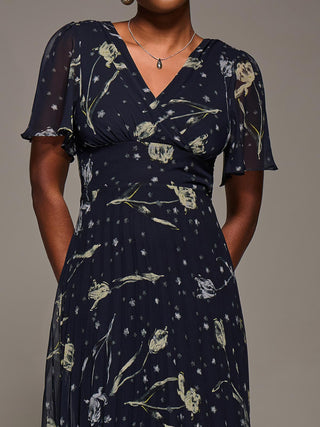 Chiffon Floaty Sleeved Midaxi Dress, Navy Abstract