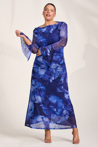Slash Neck Mesh Maxi Dress, Blue Abstract