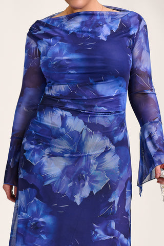 Slash Neck Mesh Maxi Dress, Blue Abstract