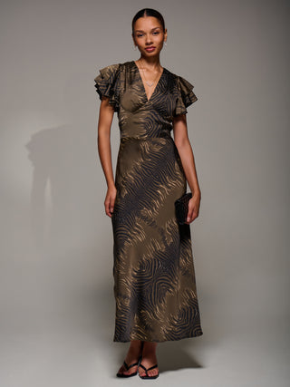 Ruffle Sleeve Print Satin Maxi Dress, Brown Animal