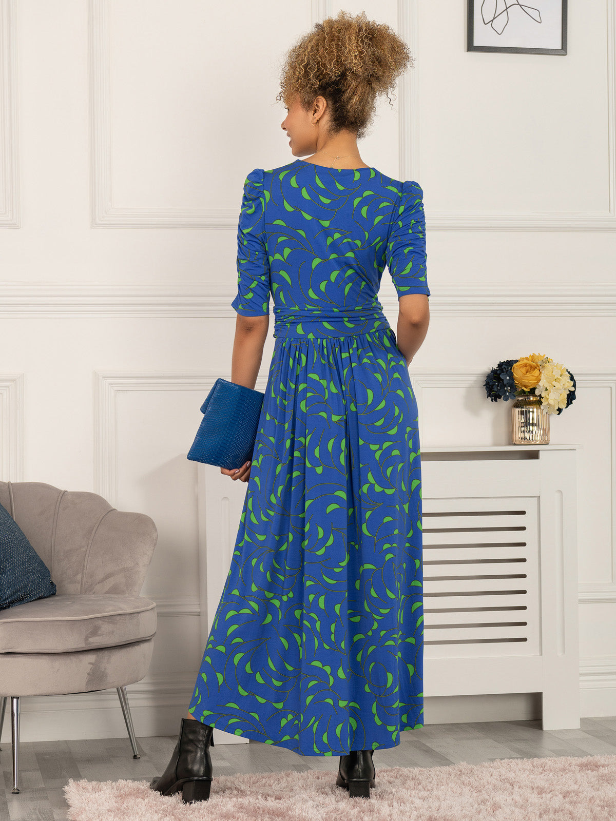 Maanasi Ruched Sleeve Jersey Maxi Dress, Blue Pattern