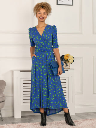 Maanasi Ruched Sleeve Jersey Maxi Dress, Blue Pattern
