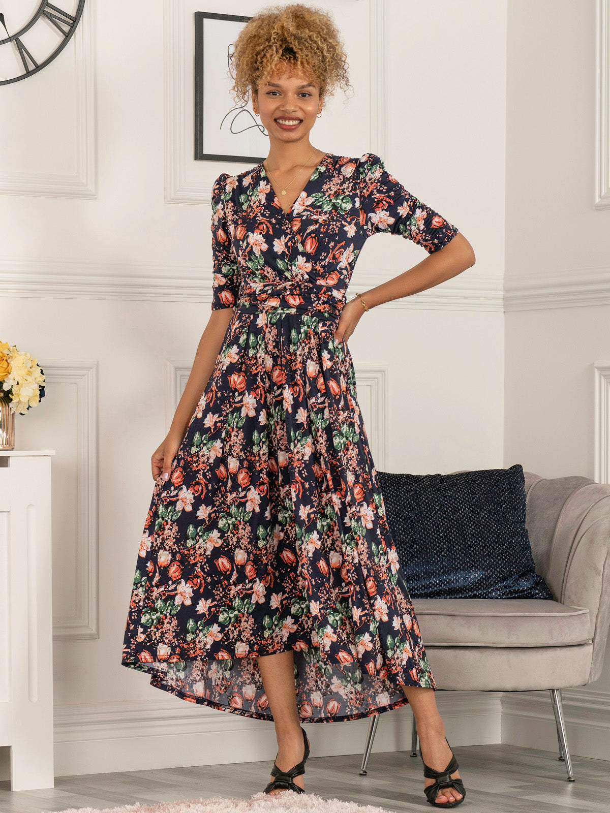 Maanasi Ruched Sleeve Jersey Maxi Dress, Navy Floral