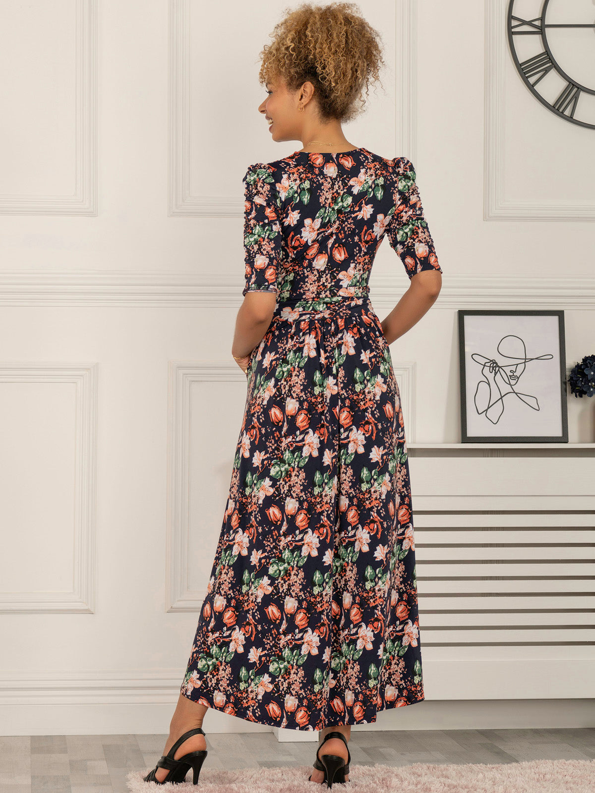 Maanasi Ruched Sleeve Jersey Maxi Dress, Navy Floral