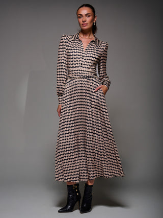 Long Sleeve Pleated Jersey Maxi Dress, Black Geo