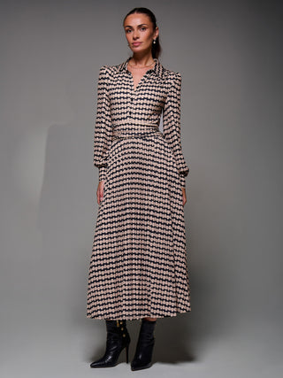 Long Sleeve Pleated Jersey Maxi Dress, Black Geo