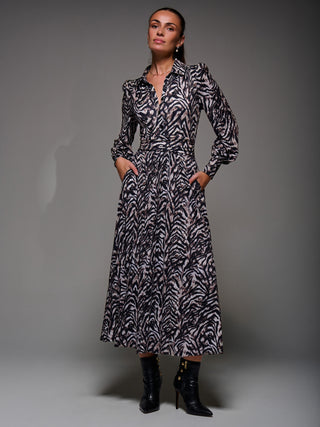 Long Sleeve Pleated Jersey Maxi Dress, Black Multi