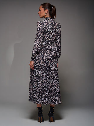 Long Sleeve Pleated Jersey Maxi Dress, Black Multi