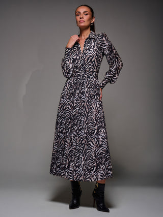 Long Sleeve Pleated Jersey Maxi Dress, Black Multi