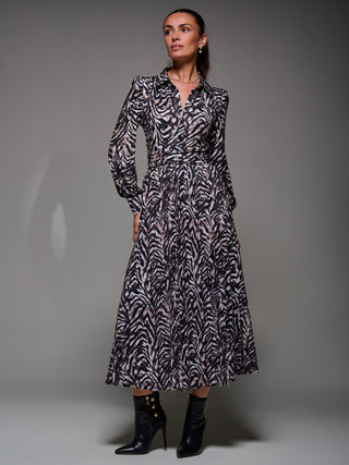 Long Sleeve Pleated Jersey Maxi Dress, Black Multi