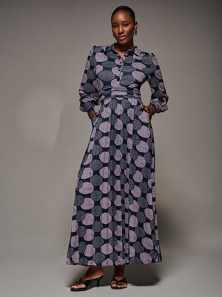 Long Sleeve Pleated Jersey Maxi Dress, Purple Multi