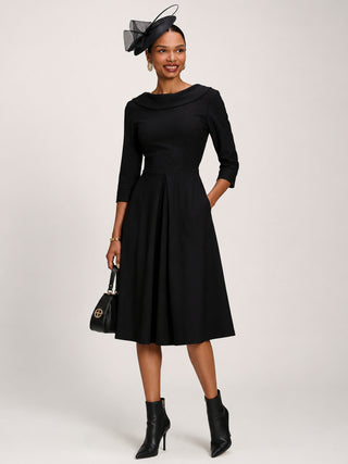 Roll Neck ¾ Sleeve Midi Dress, Black