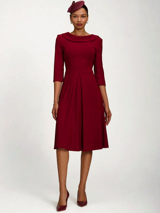 Roll Neck ¾ Sleeve Midi Dress, Burgundy
