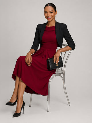 Roll Neck ¾ Sleeve Midi Dress, Burgundy