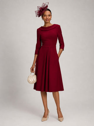 Roll Neck ¾ Sleeve Midi Dress, Burgundy
