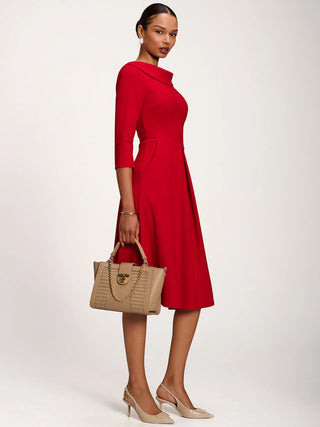 Roll Neck ¾ Sleeve Midi Dress, Tomato Red