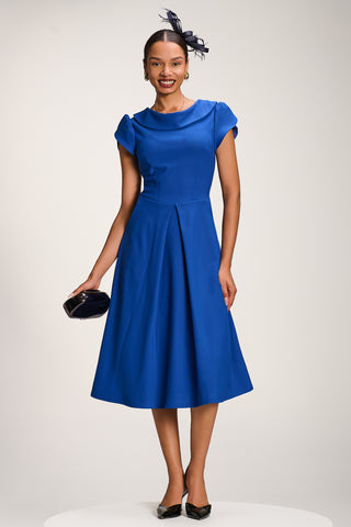 Roll Neck Petal Sleeve Midi Dress, Cobalt Blue